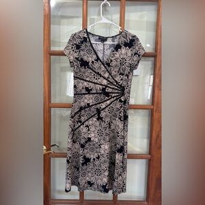 Connected Apparel Cap Sleeve Black Cream Sheath Dress Stretch Floral Medium UEC